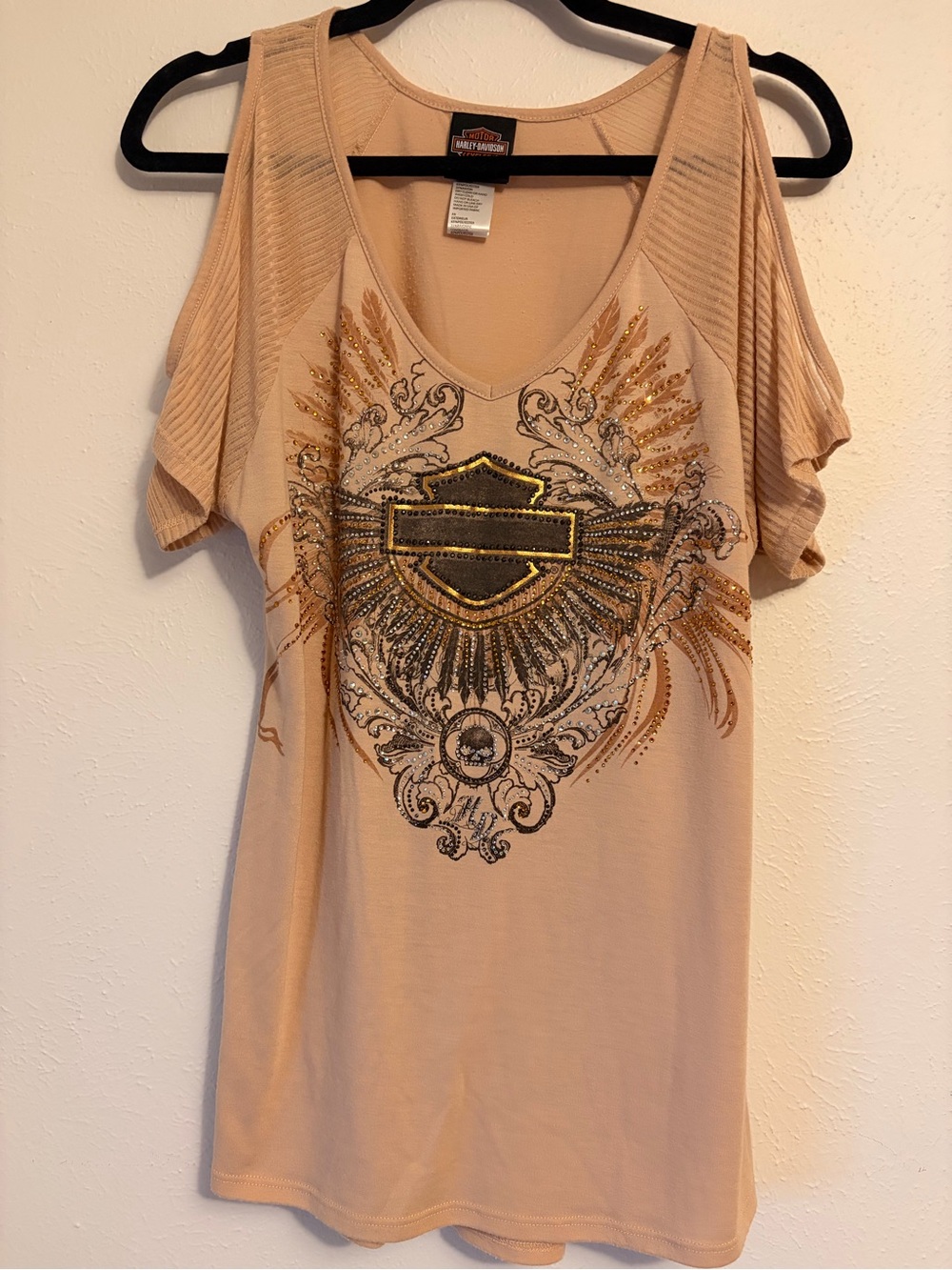 Harley-Davidson Beige Cold-Shoulder Top with Gold & Black Embellished Crest